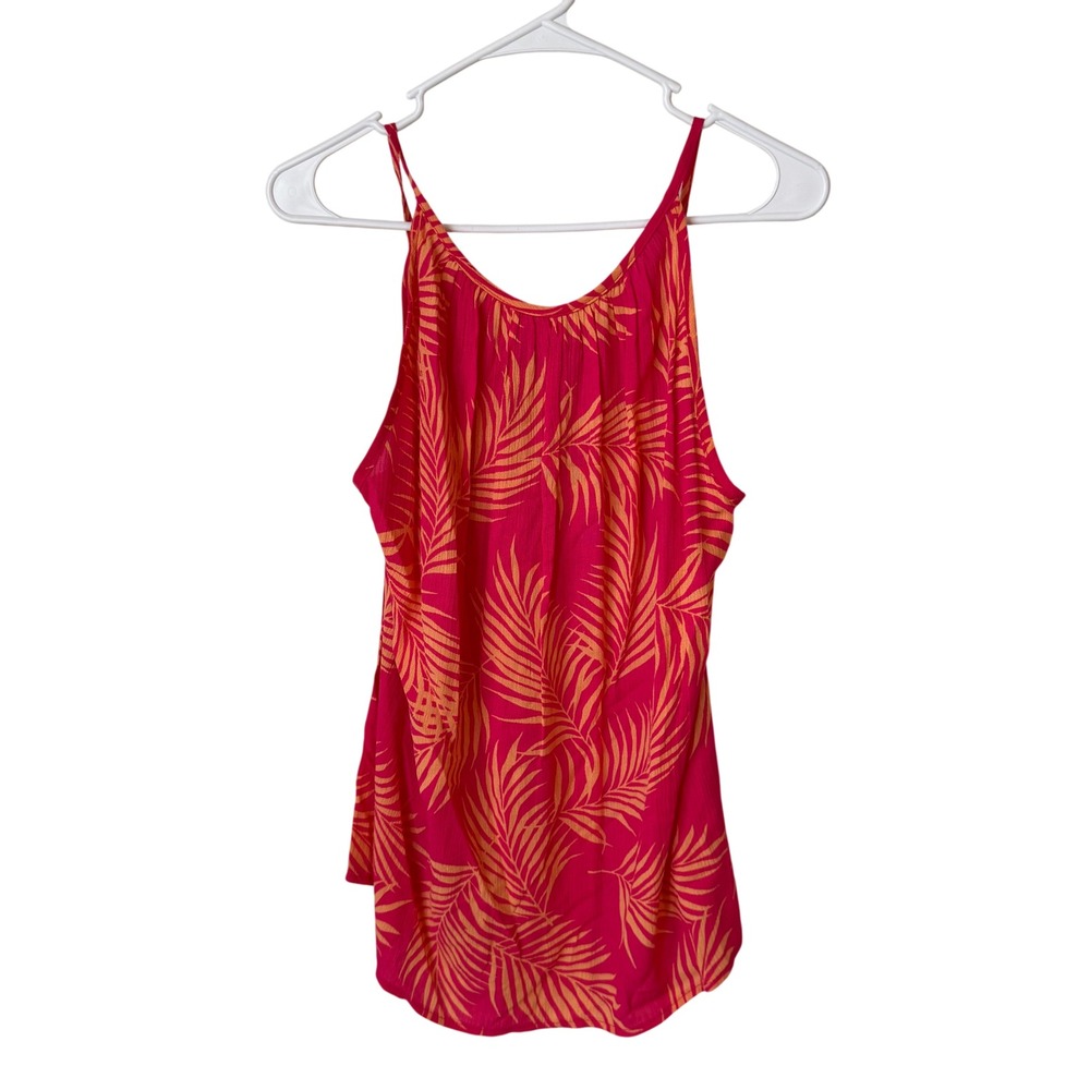 2 Hearts Womens Pink Orange Tropical Palm Leaf High Neck Camisole Tank Top USA